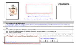 Ejemplo de como firmar el formulario de solicitud de pasaporte hacia Jamaica